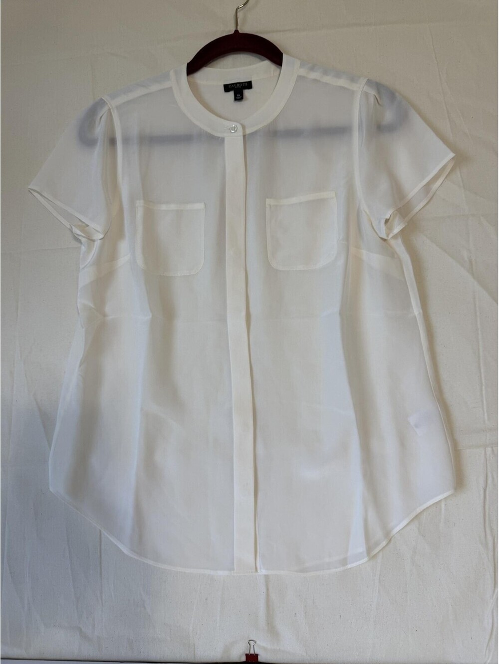 Talbots Top Womens 8P White Sheer Short Sleeve Button Front Chiffon Blouse